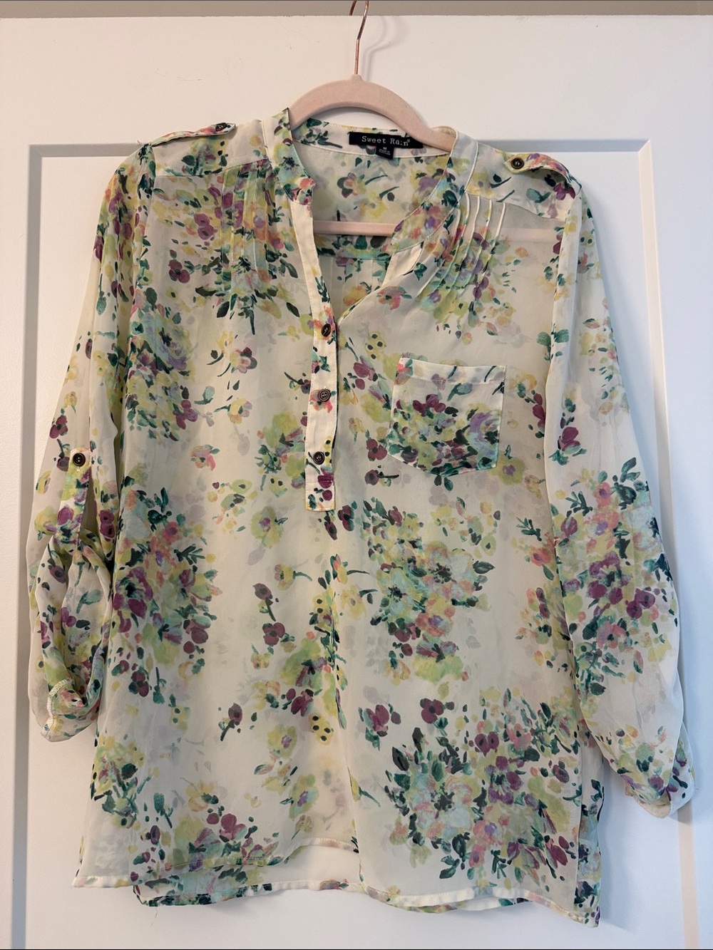 Sweet Rain Sheer Floral Tunic - Cream with Yellow, Green, Purple